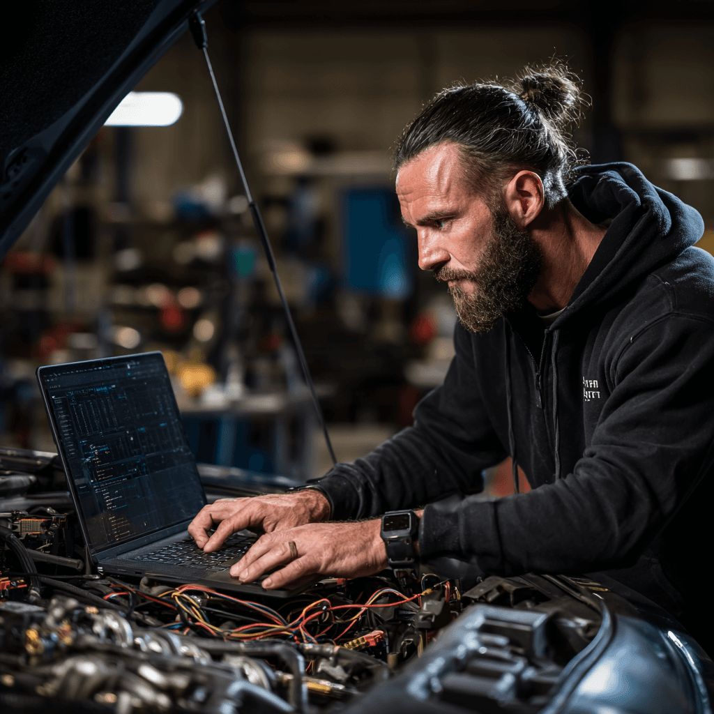 Automotive locksmith performing ECU programming with laptop on vehicle engine in Annetta TX