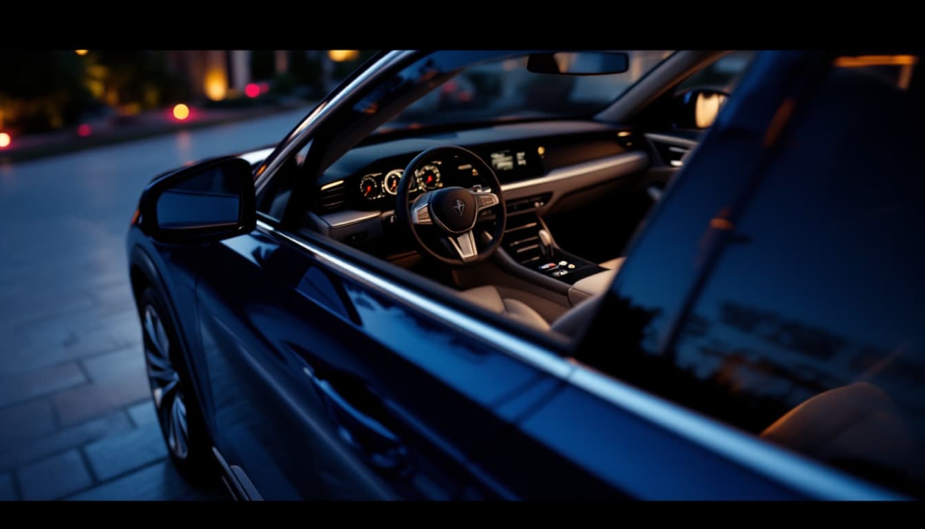 Dark blue luxury crossover SUV in a suburban driveway with two matching smart key fobs on the center console