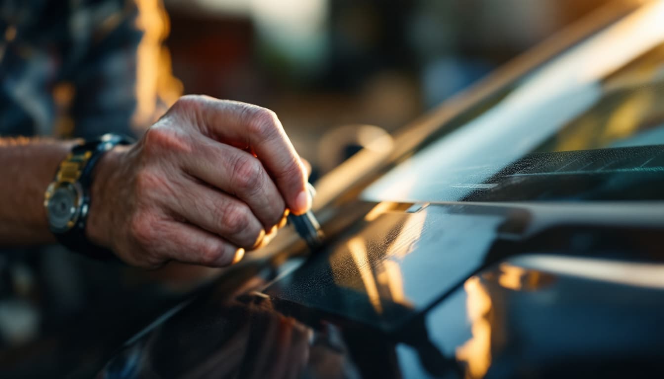 Locksmith reading a vehicle identification number and cutting a new car key at a mobile van