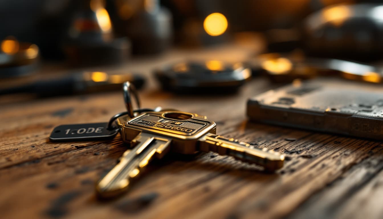 A pair of vintage-style car keys on a workbench beside a key code tag under warm shop light
