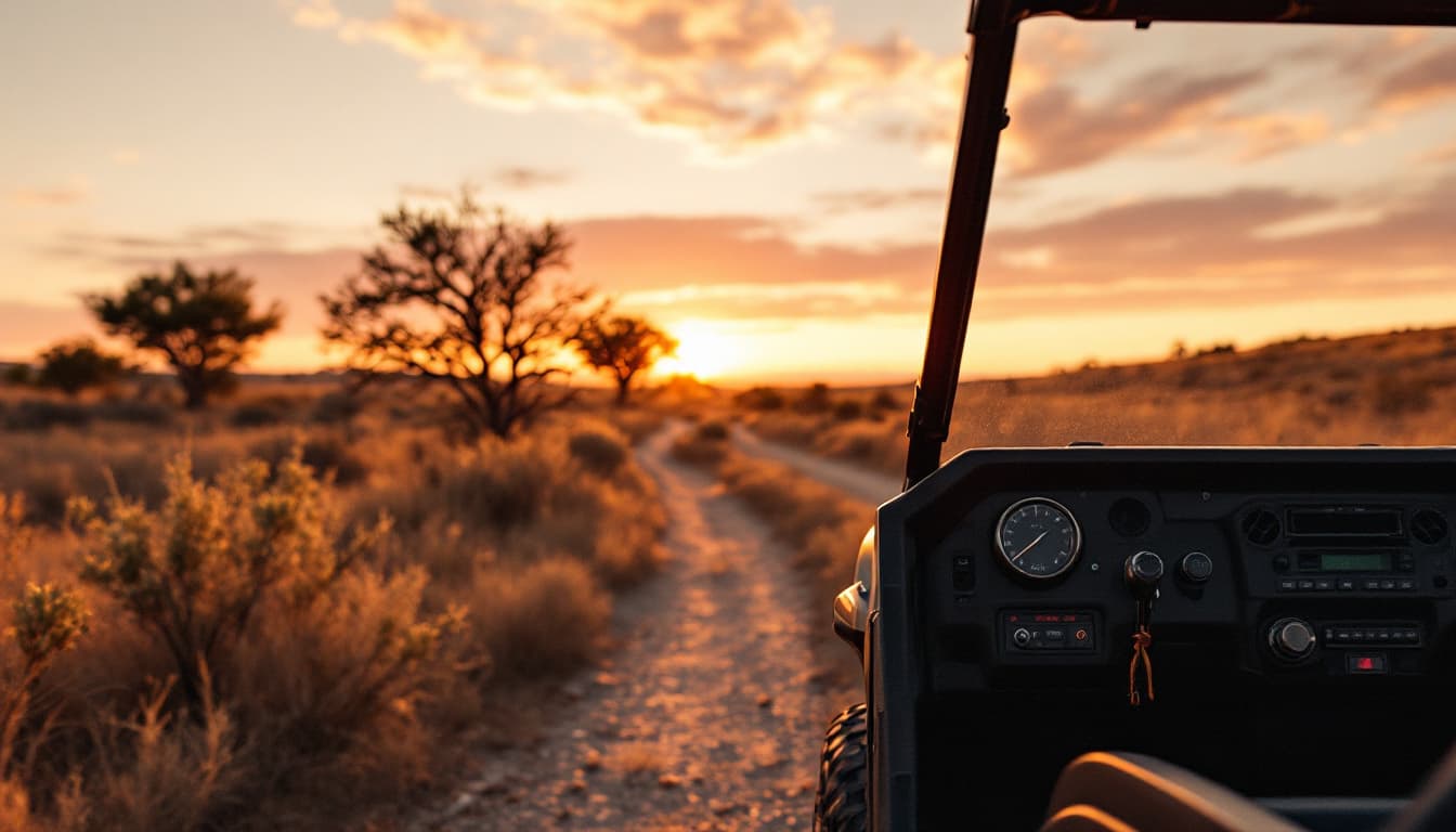 A side-by-side utility vehicle parked on a Texas ranch trail with the ignition switch in focus