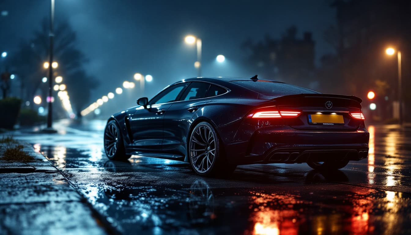 Dark grey European sport sedan parked on wet pavement at night with streetlight reflections
