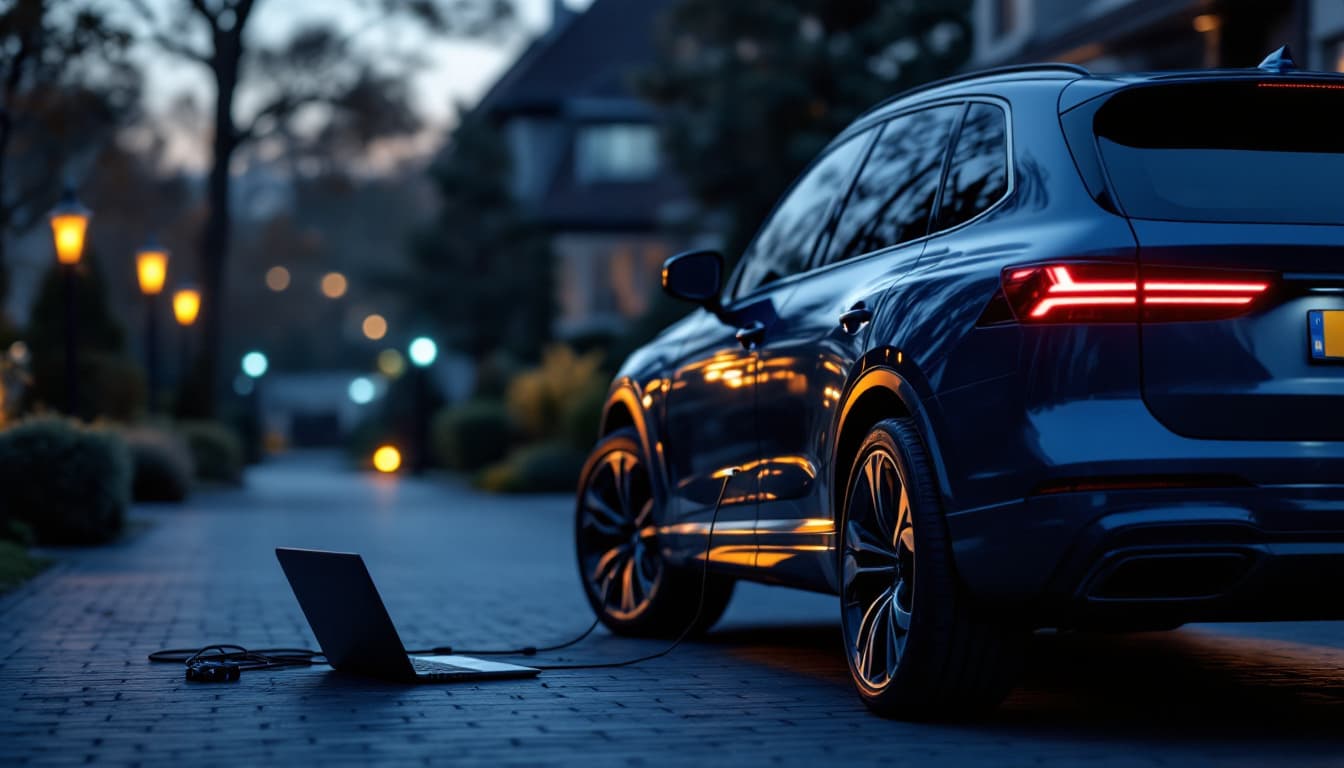 Dark grey European luxury SUV on a driveway at twilight with a locksmith laptop connected through the driver door