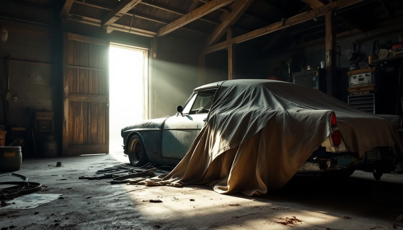 A dusty older project car under a tarp in a barn with sunlight through the doorway