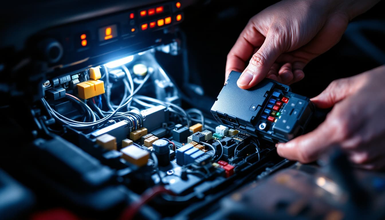Technician holding an automotive body control module beside an open vehicle fuse panel