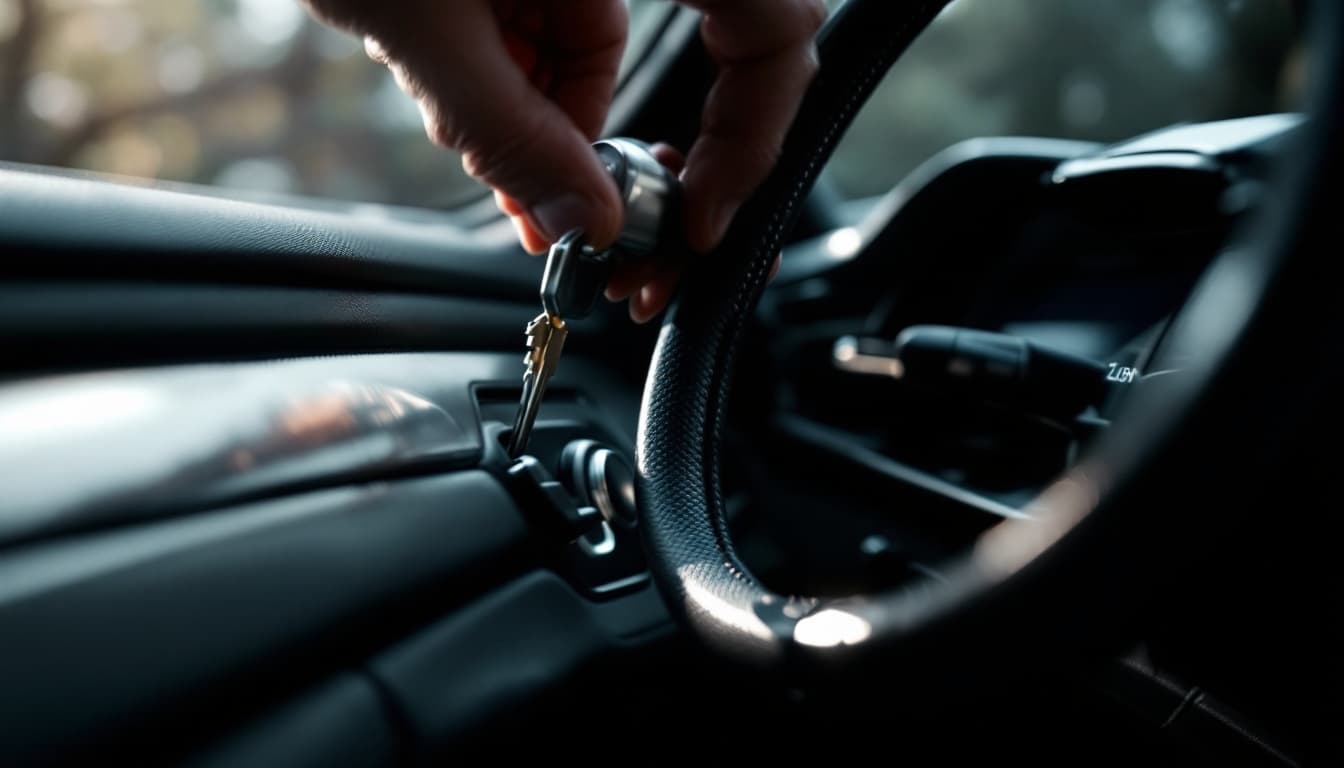 Close-up of a European sports sedan interior steering column and ignition area with a key inserted, black leather trim