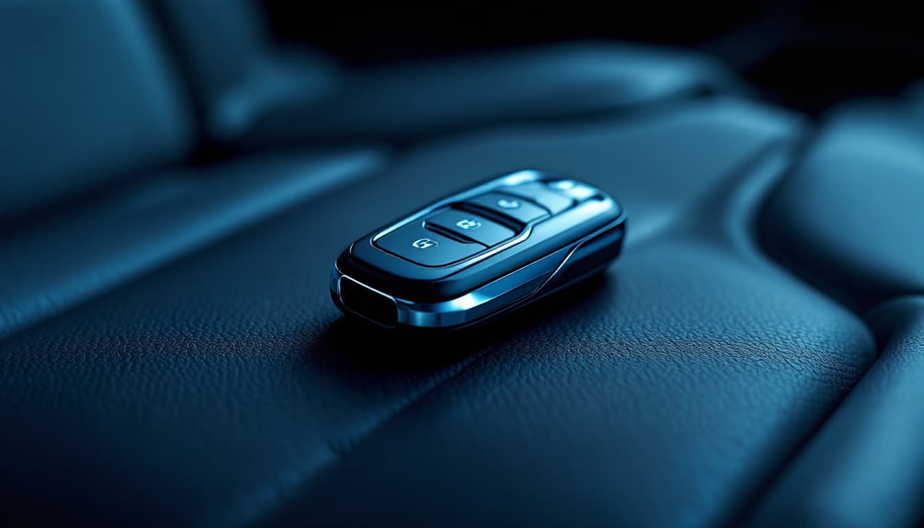 BMW key fob resting on a dark leather seat with a diagnostic interface in the background