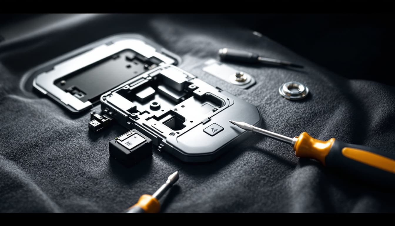 Close-up of a German SUV steering column with the ignition switch housing exposed and precision tools on a cloth