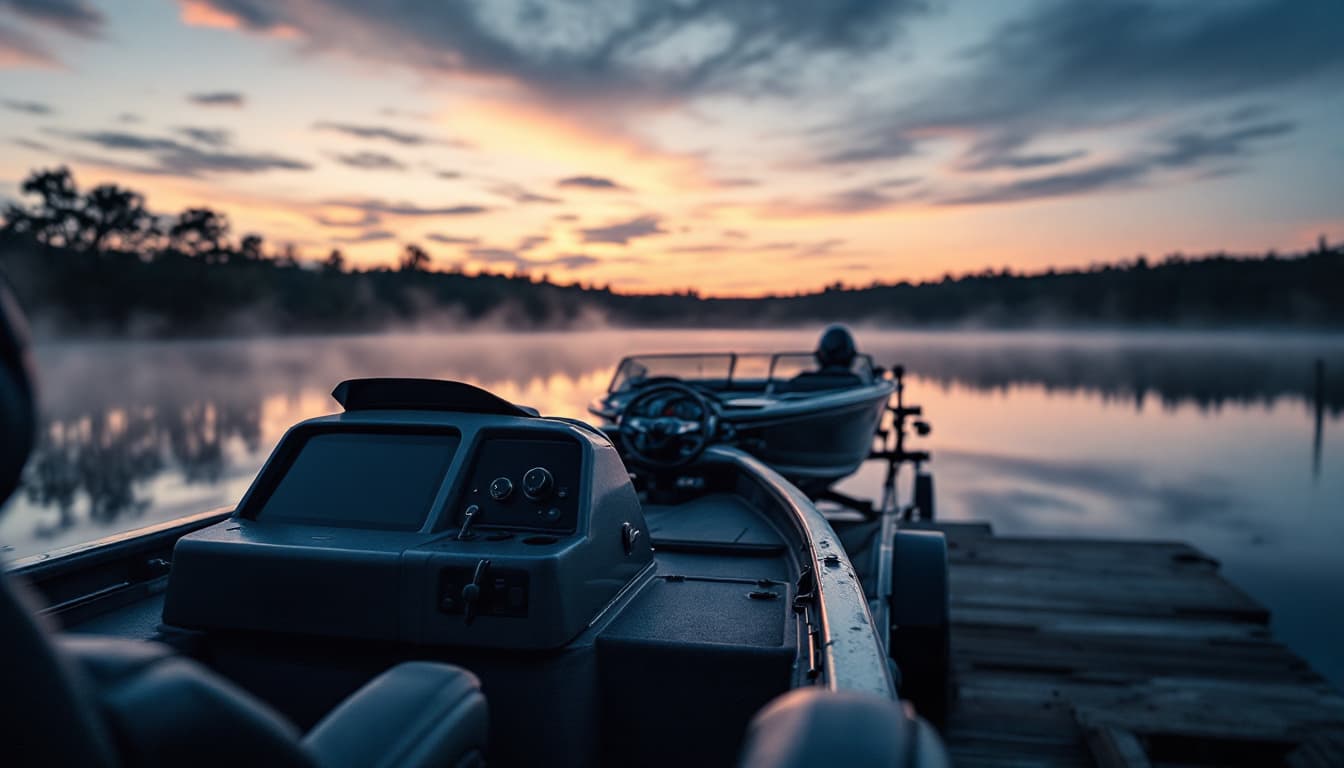 A bass boat at a Texas lake ramp at sunrise with the helm and ignition switch in focus