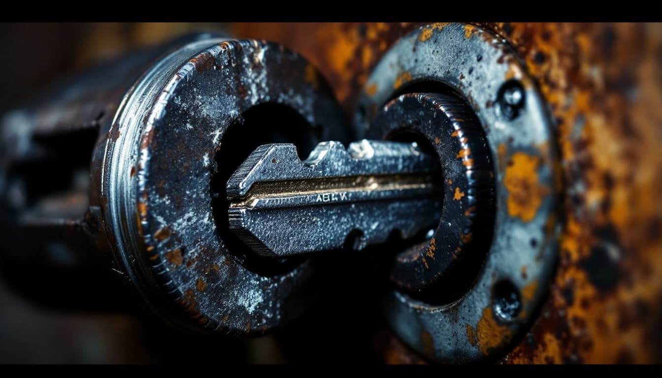 Snapped car key with the broken blade lodged in a vehicle door lock cylinder