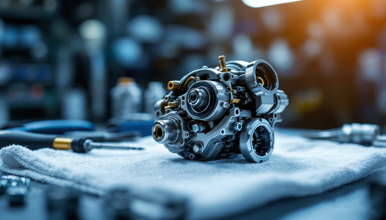 Disassembled luxury sedan steering column with the ignition lock cylinder removed on a shop towel