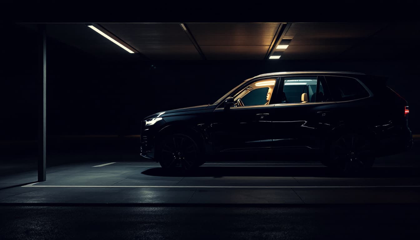 Full-size black SUV parked at dusk with a proximity smart key fob and emergency blade laid out