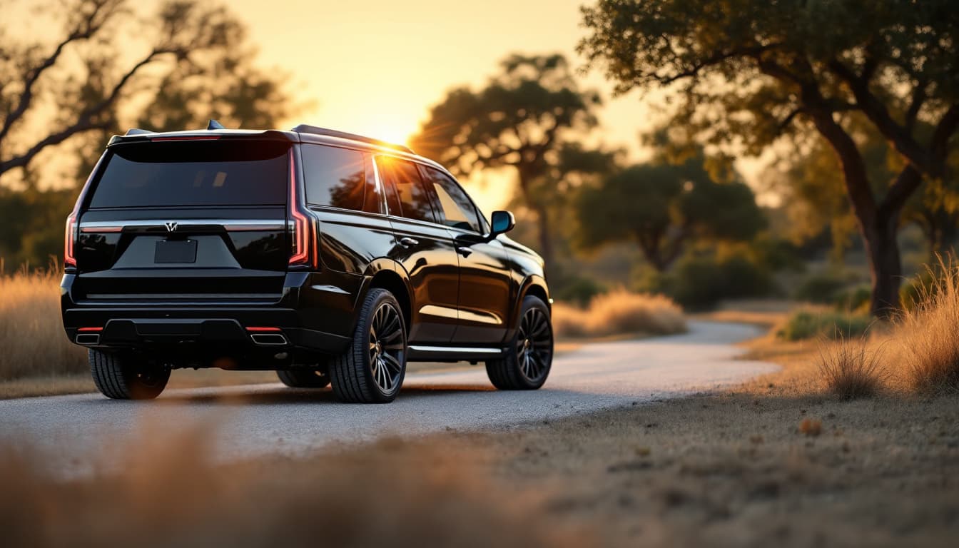 Black full-size American luxury SUV parked on a gravel drive in Texas hill country at golden hour, rear three-quarter view