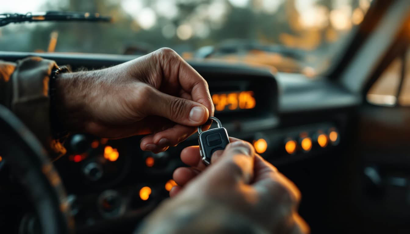 Hands holding a key fob inside an older pickup truck with amber dashboard lamps glowing