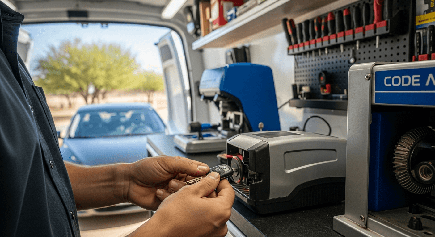 Mobile locksmith cutting a new car key with laser cutter inside fully-equipped mobile workshop van in Annetta TX