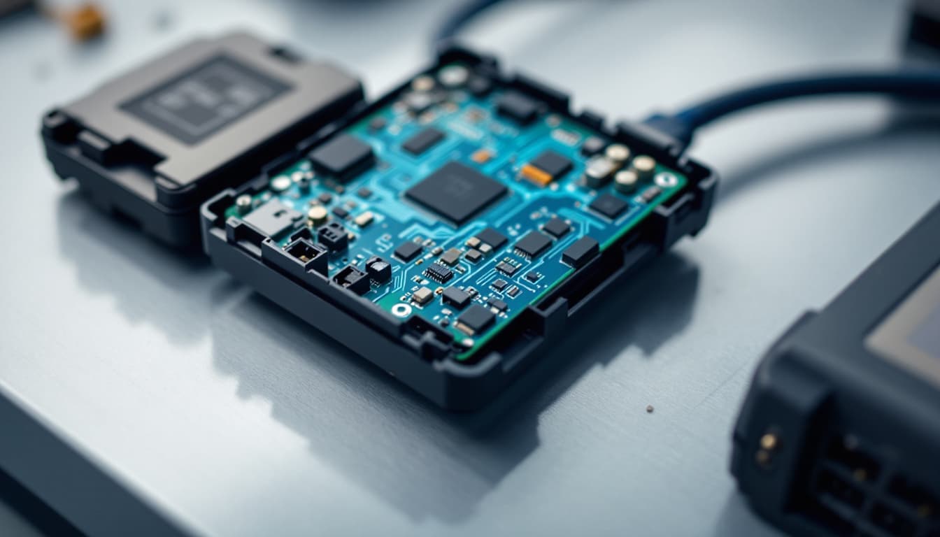 Automotive control module circuit board connected to a diagnostic programmer on a workbench