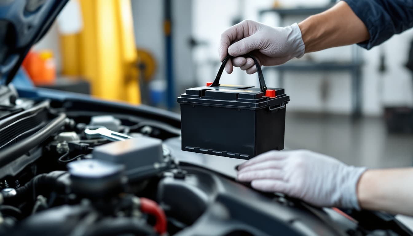 New car battery being installed in an engine bay with jumper terminals visible