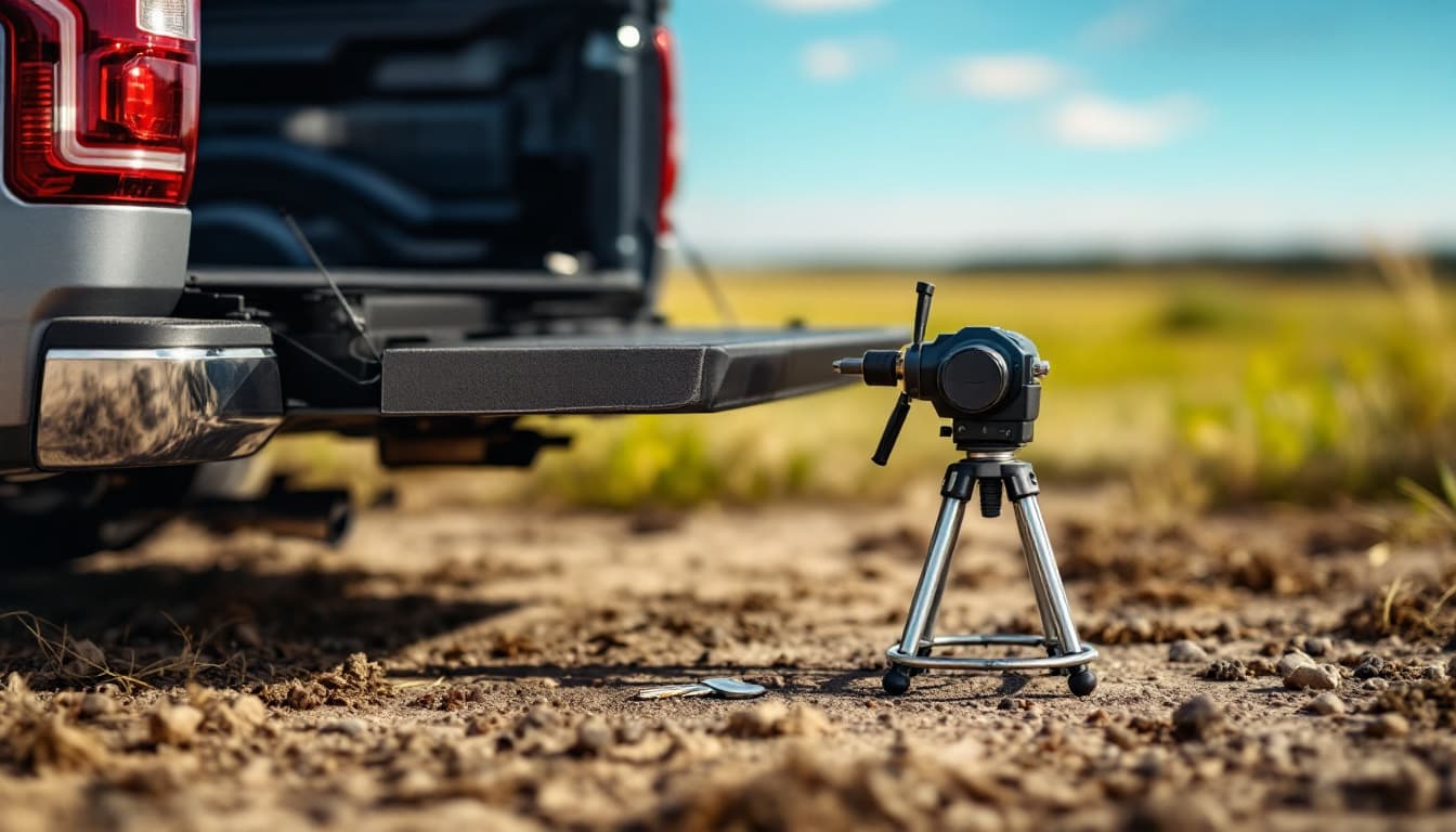 Midsize pickup truck tailgate down with a freshly cut spare key and cutting machine nearby