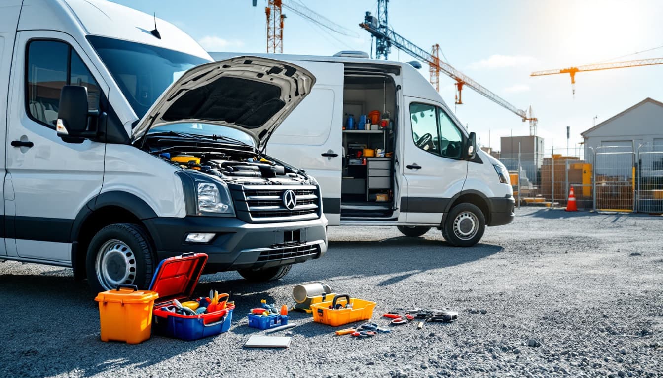 White full-size work van parked at a job site with the hood up and a technician toolbox open nearby