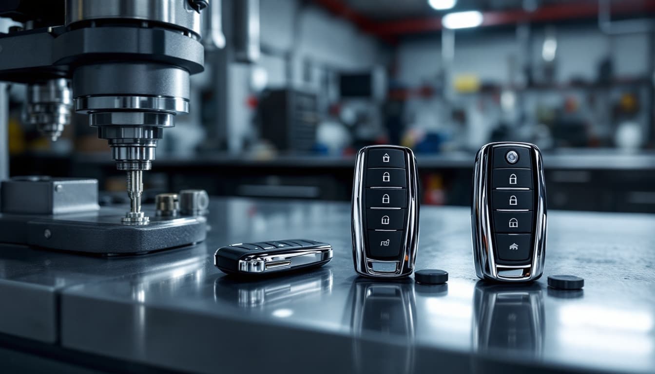 Chevrolet and GMC keys and remote fobs laid out beside a key-programming tool