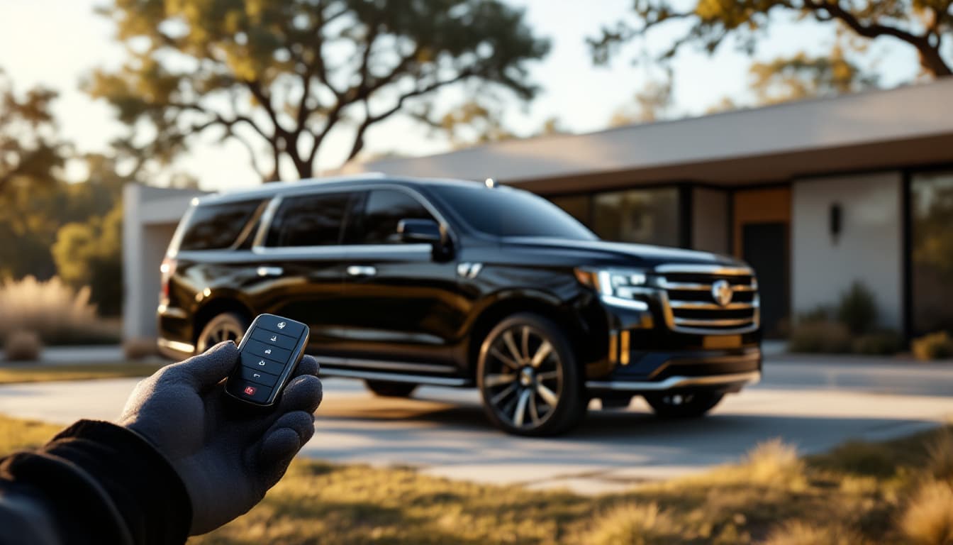 Large black full-size SUV in front of a Texas ranch house with a proximity smart key held in a gloved hand