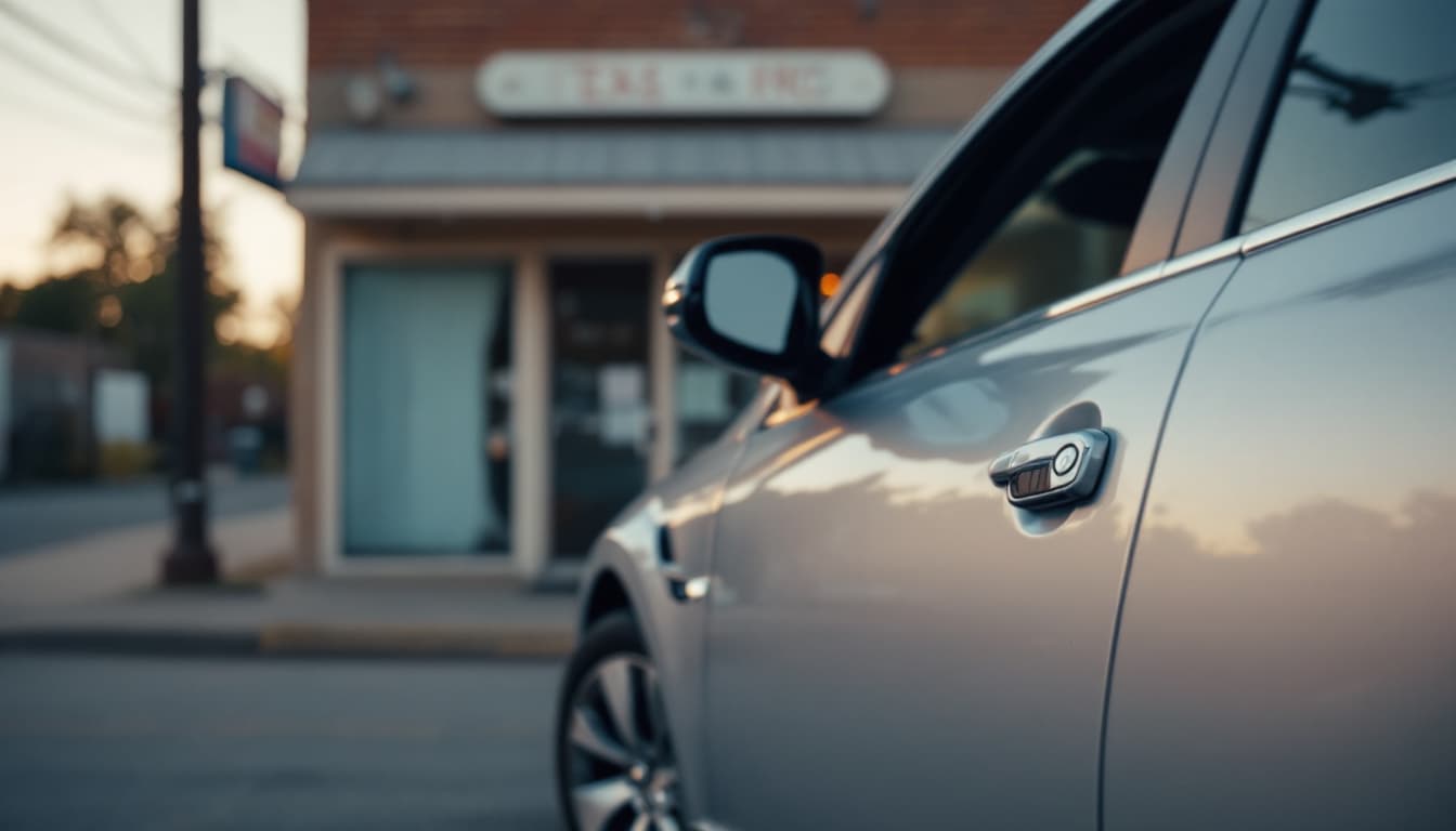 Midsize American sedan parked outside a small Texas storefront with a replacement key fob resting on the door sill