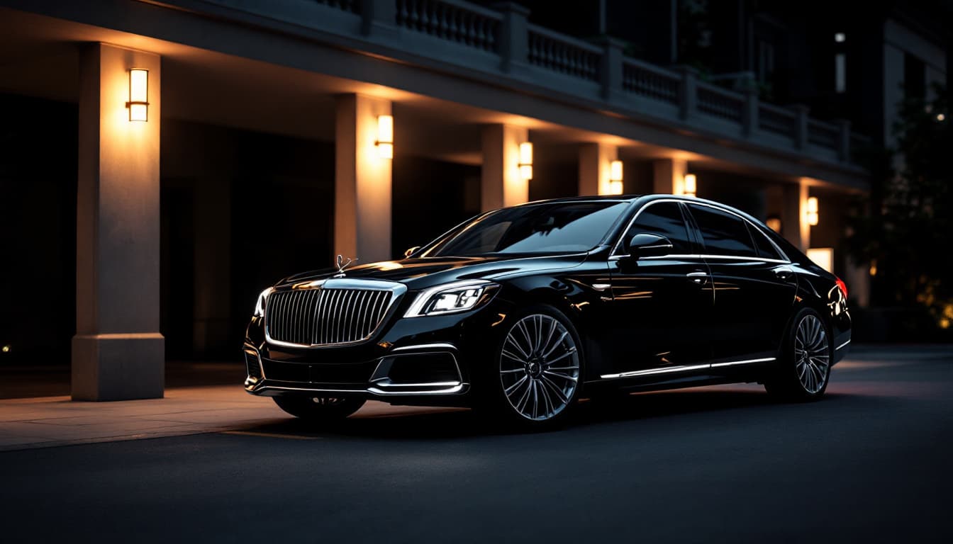 Full-size black luxury sedan parked under a covered portico at night with chrome trim catching lamp light