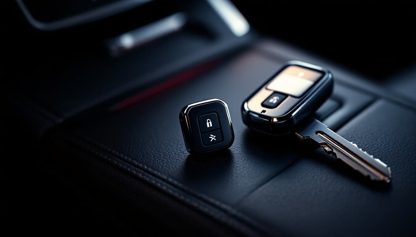Jeep and Ram FOBIK keys and a proximity fob arranged next to an ignition module