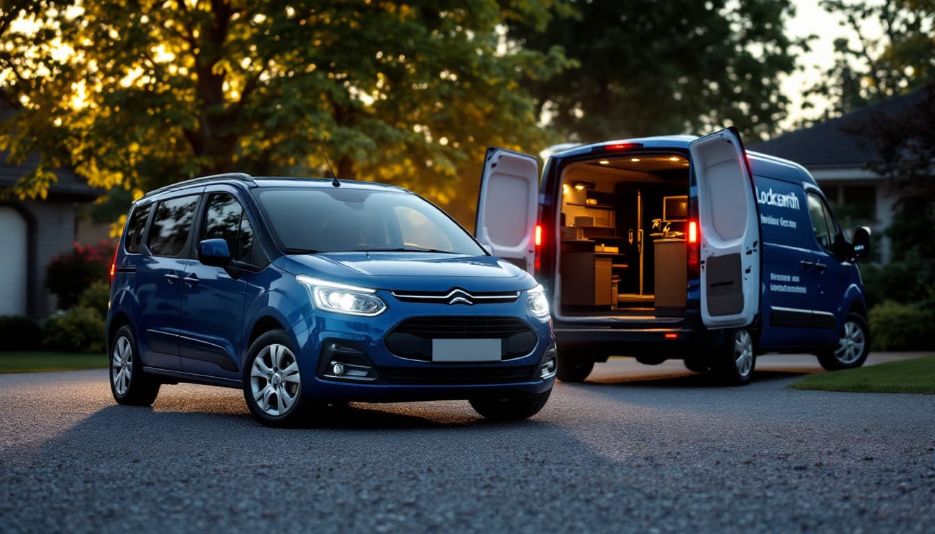 Blue minivan in a residential driveway at dusk with a mobile locksmith van and key cutting machine behind it