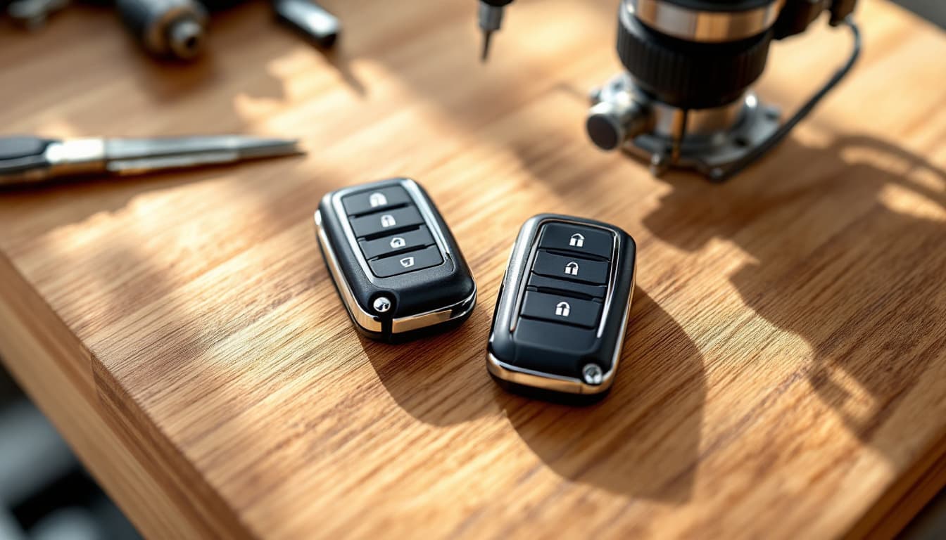 A minivan fob-integrated key resting on a work surface beside a programming device