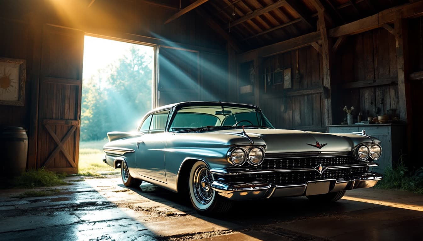 A vintage American car with chrome details parked in a barn, ignition and dash in warm light