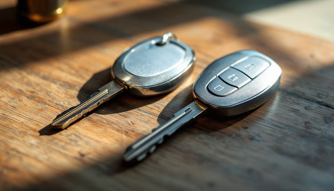 Two remote-head car keys side by side on a wooden workbench in warm window light, one new and one worn from use