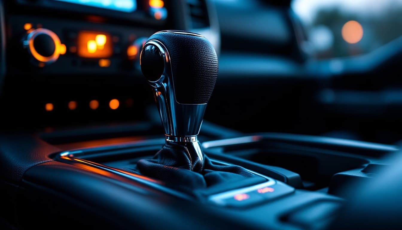 Close-up of an automatic gear selector lever on a truck centre console with the dashboard glowing softly behind at dusk