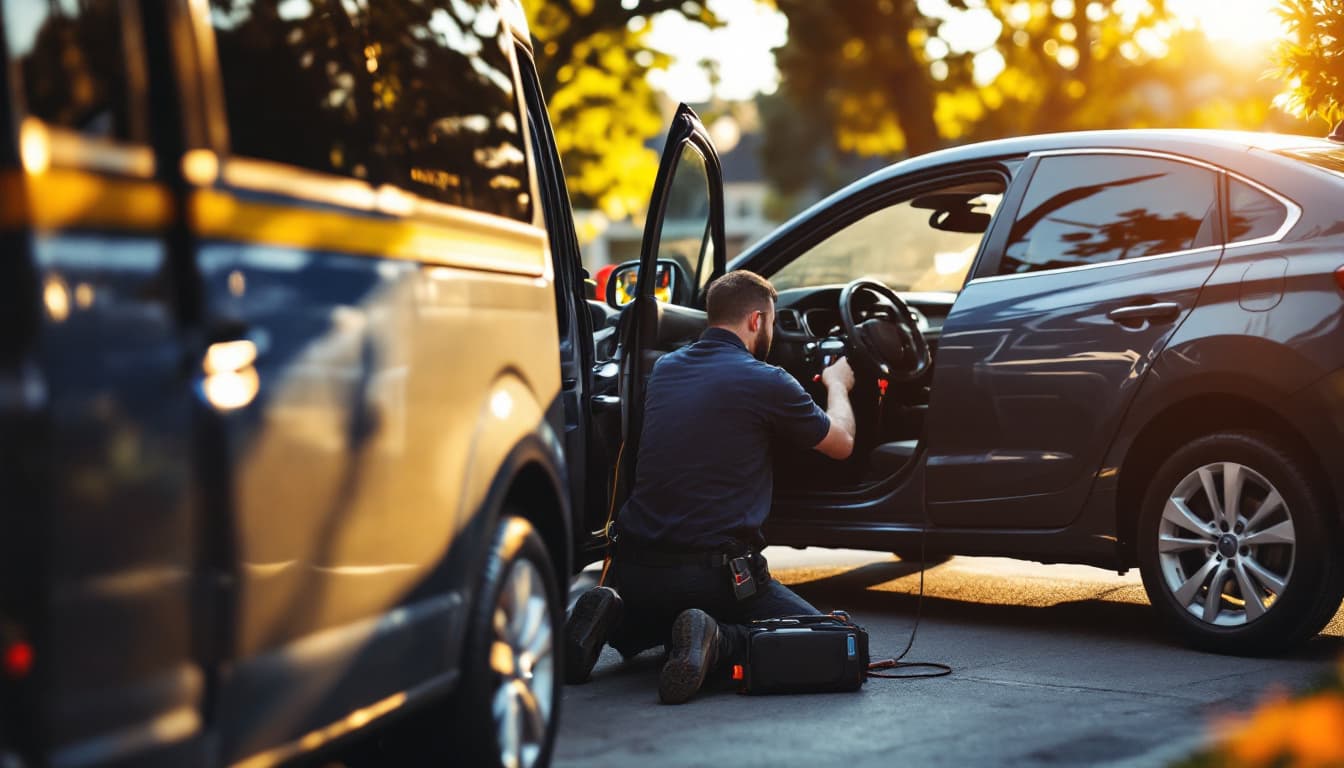 Mobile locksmith service van parked beside a sedan with diagnostic equipment connected under the dash