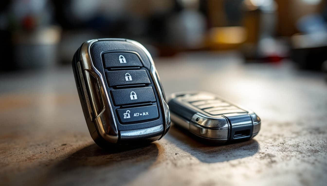 An older car key fob and an aftermarket replacement side by side on a workbench under warm light