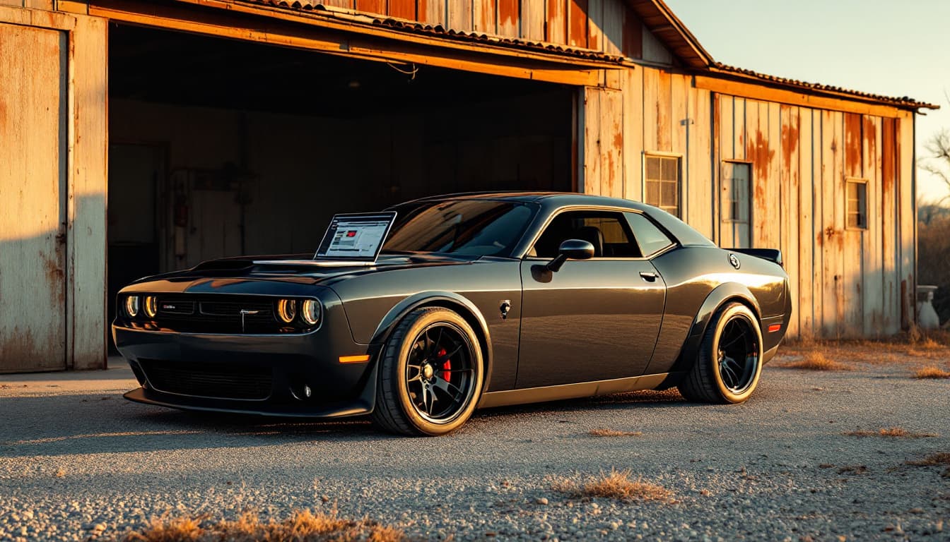 Dark grey American muscle sedan with a diagnostic laptop on the hood outside a rural Texas garage