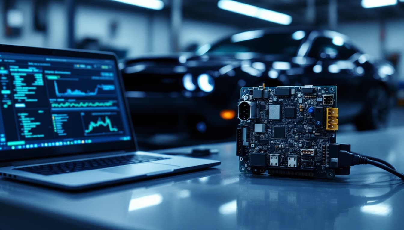 Automotive electronic control module on a workbench beside a diagnostic laptop and a full-size American sedan in a garage bay