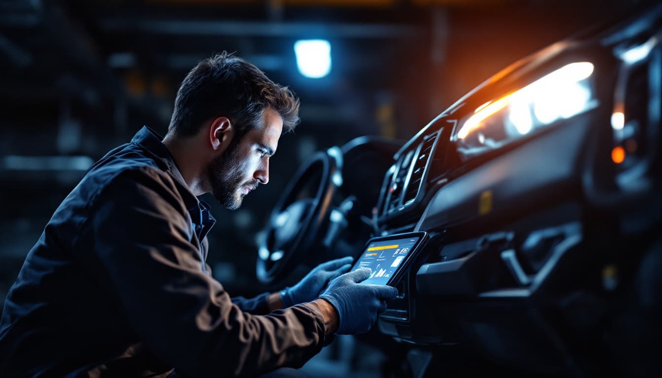 Technician holding a diagnostic tablet connected under the dashboard of a full-size SUV