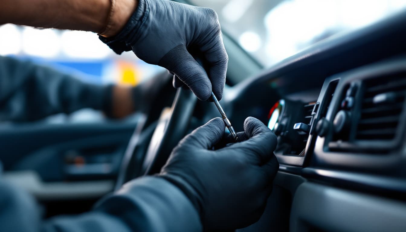 Close-up of a minivan steering column and ignition area with a diagnostic tool nearby