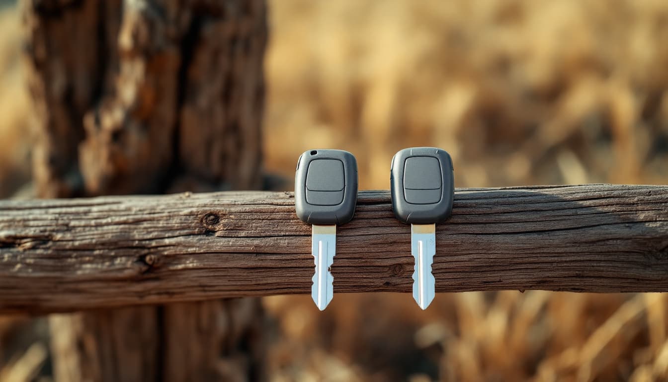 Two matching metal truck keys with gray plastic heads lying on the weathered wooden rail of a ranch fence in morning light
