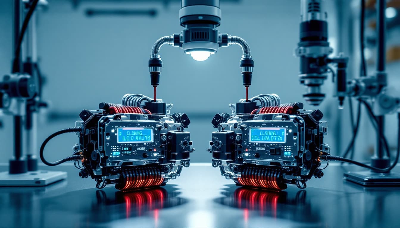 Two engine control units side by side on a bench connected to cloning equipment
