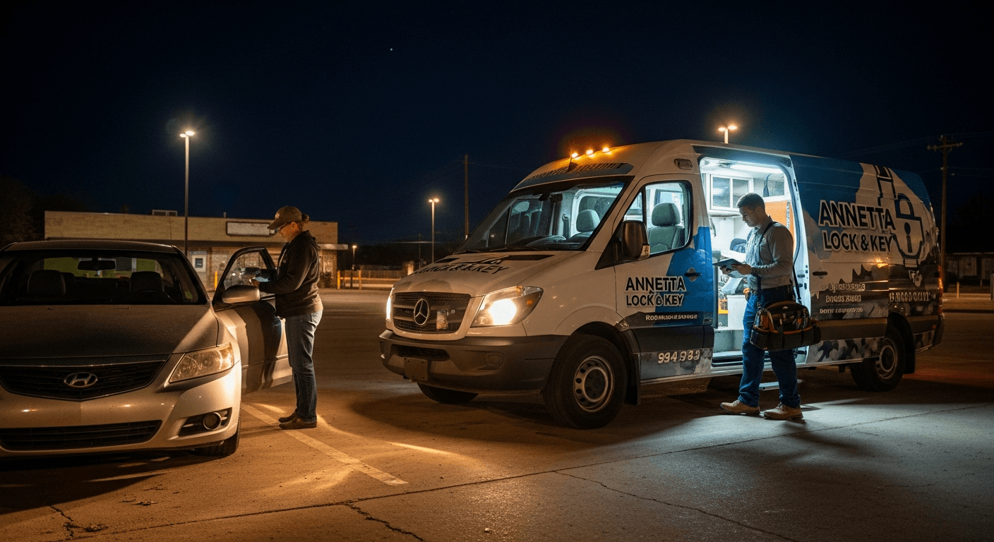 Mobile locksmith van with headlights arriving at stranded customer beside sedan in Annetta TX parking lot at night