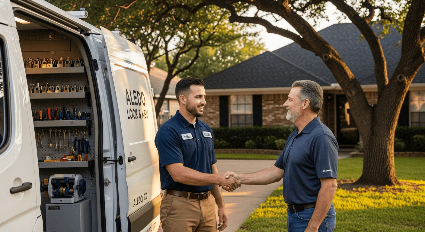 Professional locksmith in branded uniform shaking hands with homeowner outside an Aledo TX ranch home with mobile service van in driveway
