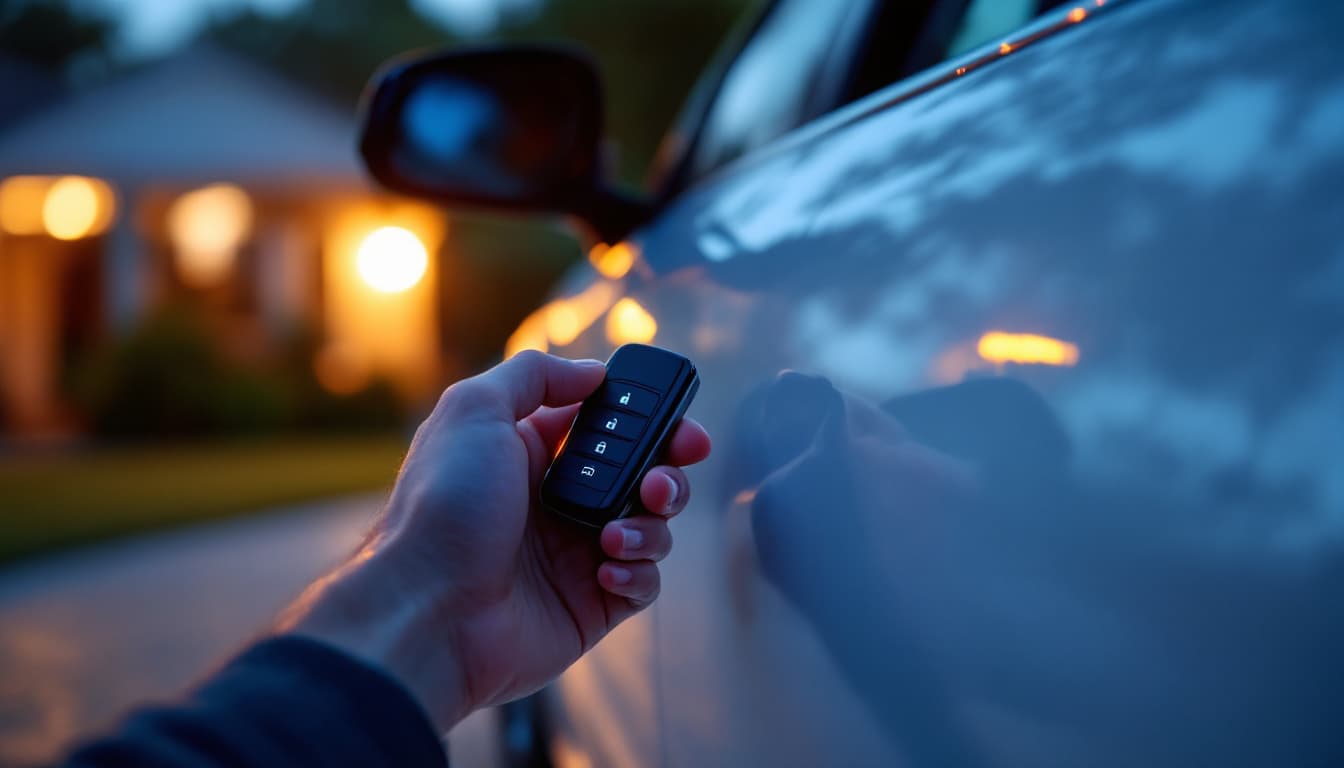 Hand holding a modern car key fob beside a sedan door in a suburban Texas driveway at blue hour with a porch light glowing behind