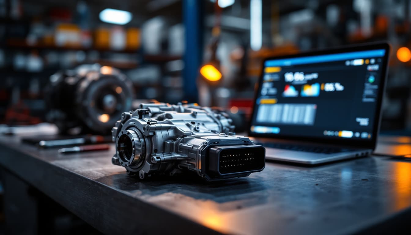 Transmission control module on a workbench beside a diagnostic laptop in a service shop