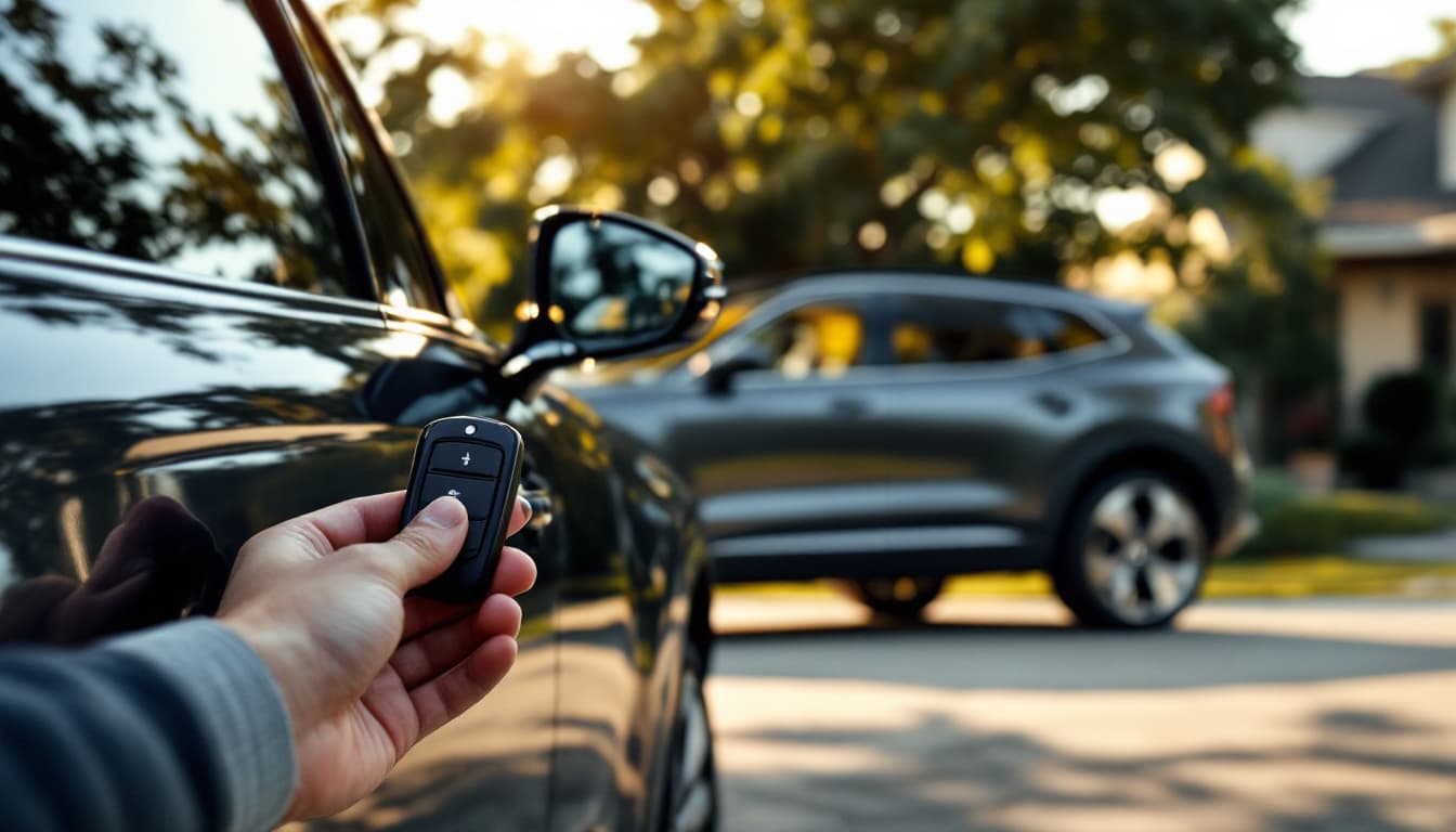 Midsize crossover SUV parked in a suburban Texas driveway with a key fob held up in front of the driver door