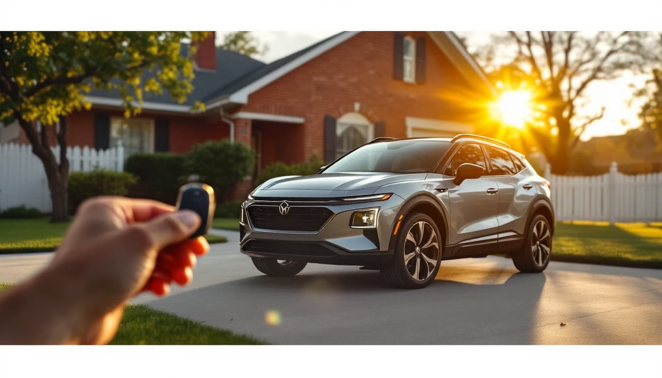 Compact silver crossover SUV in a suburban Texas driveway with a key fob held in the foreground