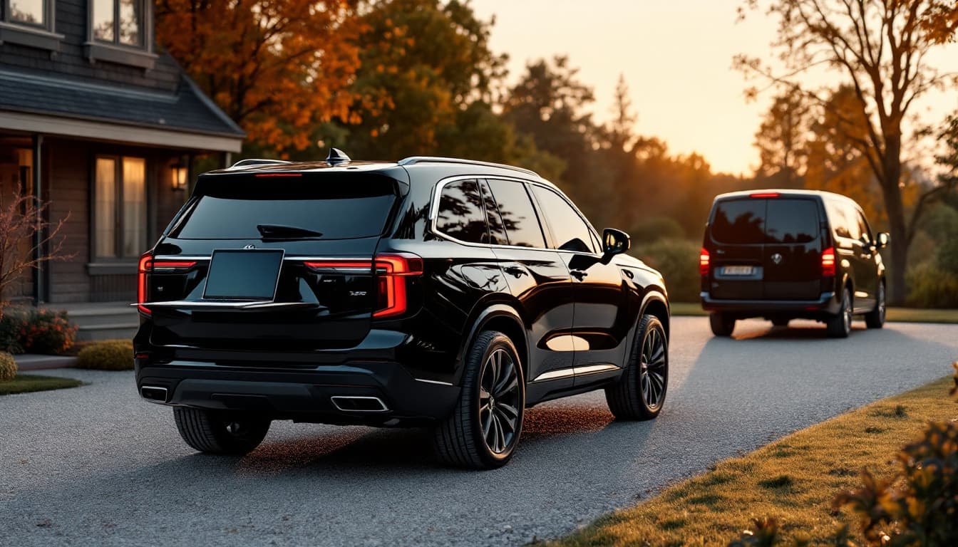 Large black full-size SUV in a gravel driveway with a programming laptop open on the tailgate at dusk