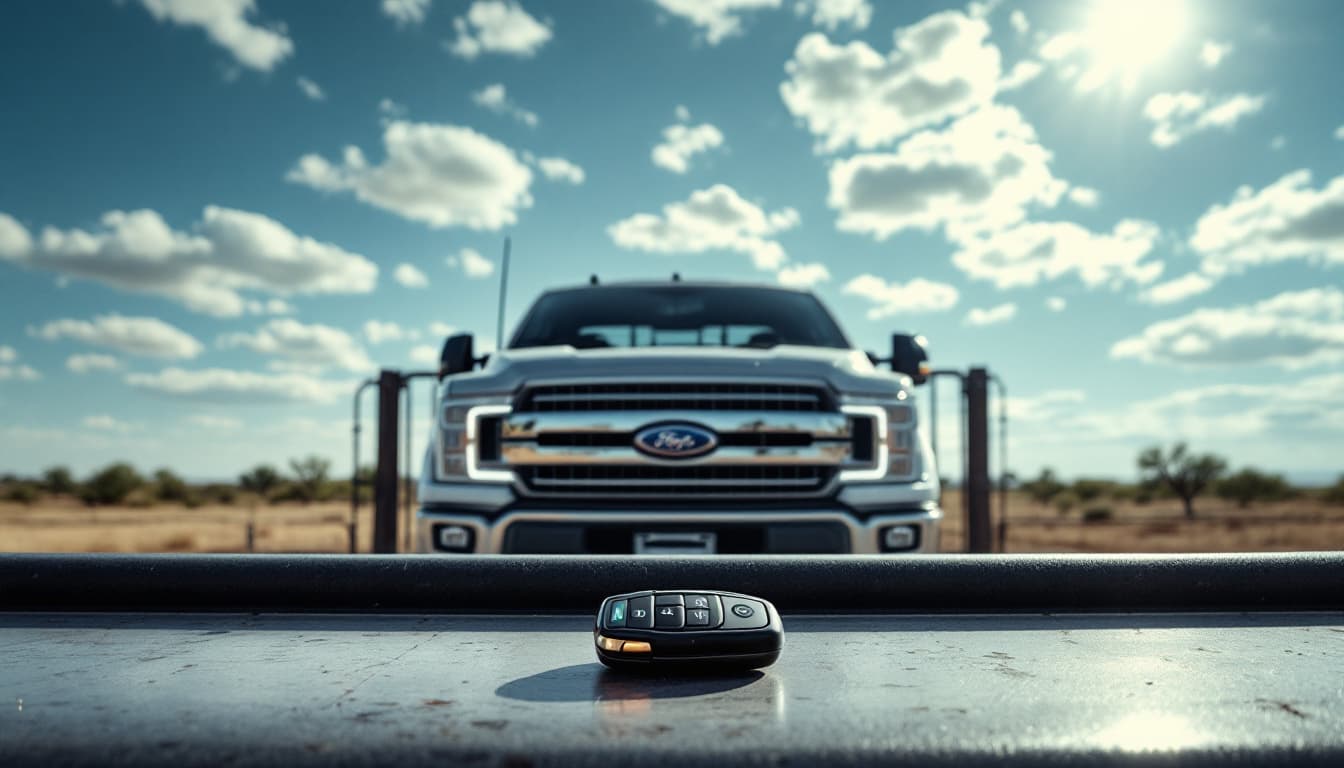 Pickup truck key fob resting on the bed rail of a full-size truck at a Texas ranch property