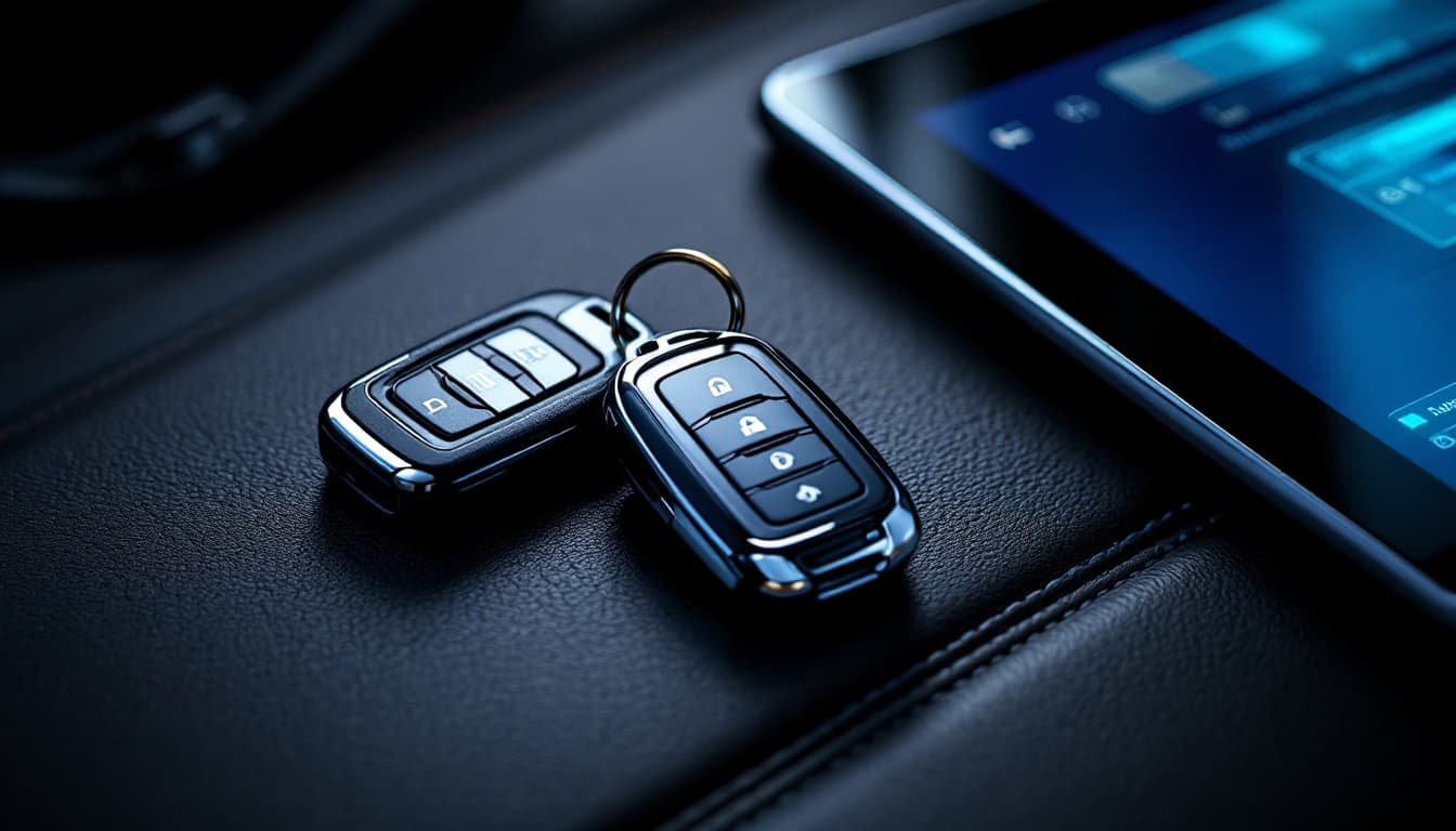 Ford truck key and proximity fob next to a diagnostic tablet during on-site programming